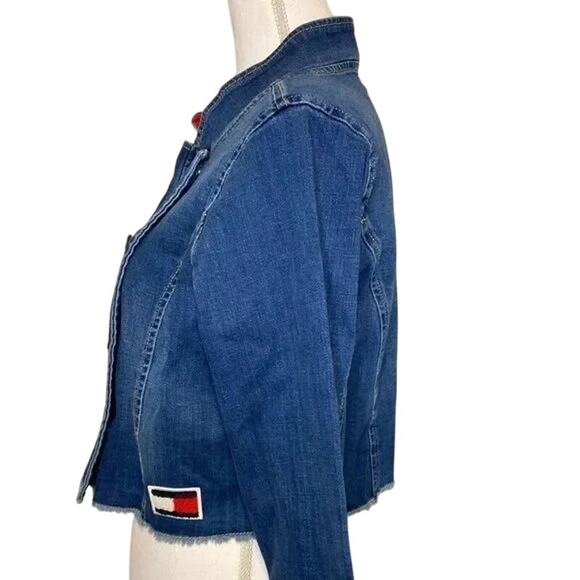 Tommy Hilfiger Blue Denim Jean Jacket Cropped Military Frayed Hem - Picture 4 of 4